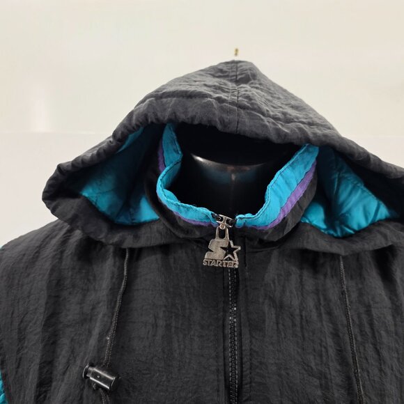 VTG 90s NBA CHARLOTTE HORNETS STARTER PUFFER JACKET PULLOVER SIZE L BLACK - Picture 5 of 15